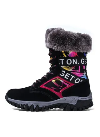 Winter High Top Lace-Up Snow Boots Black/Pink/Yellow 