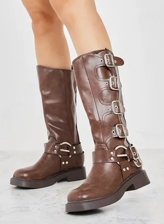 Leather Look Side Buckle Detail Boots