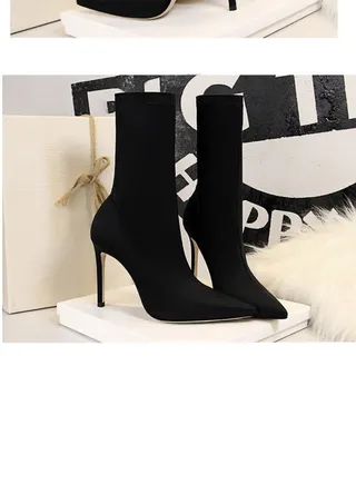 European And American Simple Women's Boots Slim Heel Pedicure Thin Pointed Lycra Elastic Ankle Boots Black 