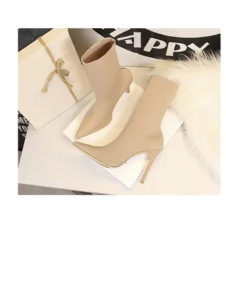 European And American Simple Women's Boots Slim Heel Pedicure Thin Pointed Lycra Elastic Ankle Boots Beige 
