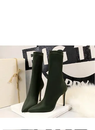 European And American Simple Women's Boots Slim Heel Pedicure Thin Pointed Lycra Elastic Ankle Boots Green 