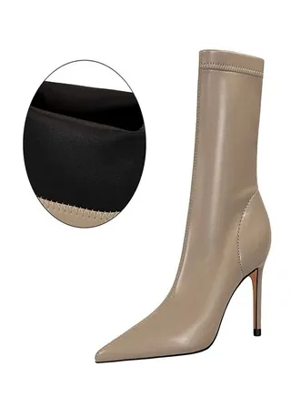 Simple Pointed High Heel Boots 7.5CM Beige 