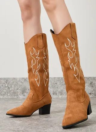 Calf Suede-Look Embroidered Western Boots 