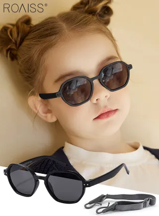 Hexagon Polarized Sunglasses for Babies, UV400 Protection Cute Beach Holiday Sun Glasses with Lightweight Flexible TPEE Frame and Elastic Strap for Boys Girls Age 0-3, Black 