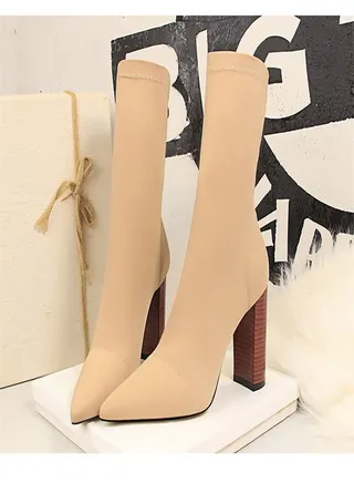 Wood Grain Heel Pointed High Heel Boots 9.5CM Beige 
