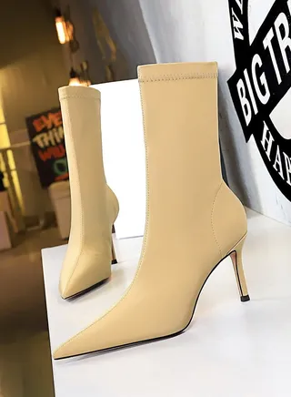 Fashion Simple Slim Heel High Heel Elastic Lycra Pointed Ankle Boots Yellow 