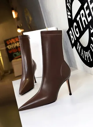 Fashion Simple Slim Heel High Heel Elastic Lycra Pointed Ankle Boots Brown 