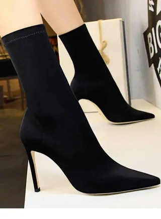 Women's Stretch Pointed Toe Sock Booties  Mid-Calf Ankle Boot 10 CM Stiletto  High Heel Boots Black 