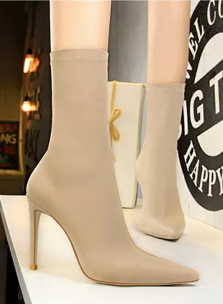 Women's Stretch Pointed Toe Sock Booties  Mid-Calf Ankle Boot 10 CM Stiletto  High Heel Boots Beige 