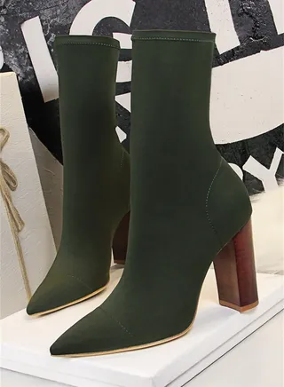 9.5cm European And American Fashion Simple Wood Grain With Thick Heel Pointed Elastic Lycra Slimming Ankle Boots Green 
