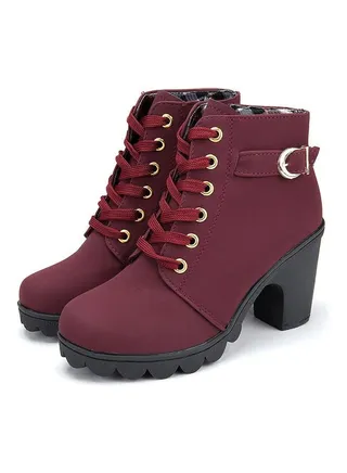 Textured Half Zipper Ankle Boots Maroon 