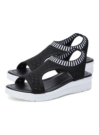 Open Toe Low Wedge Knitted Sandals Black 