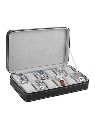 Watch Box Organizer for Men, 12 Grid Watch Storage Box, PU Leather Watch Organizer Case Watch Zipper Display Case for Men Women, Fits Most Watch Band, Not Include Watch, 1 Pcs (Black) 