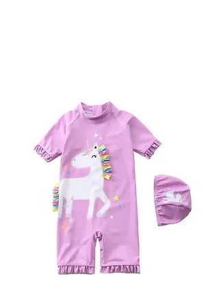 2 Piece Kids Unicorn Print Swimsuit with Cap Set Toddler Girls One-Piece Swimwear Children Swimming Clothing Beachwear Bathing Suit Bikini for Summer   Size L 