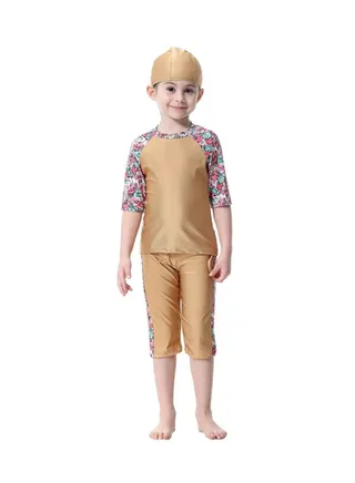 3-Piece Short Sleeve Flower Pattern Burkini Camel 