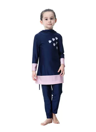 Hooded Neck Split Swimsuit Dark Blue/Pink 