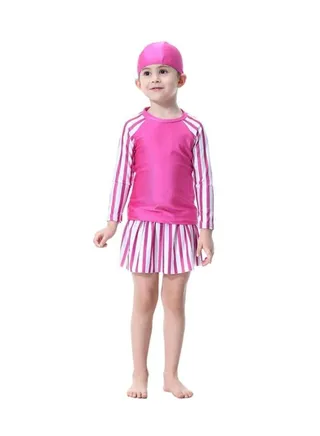 3-Piece Long Sleeve Strip Pattern Burkini Pink/White 