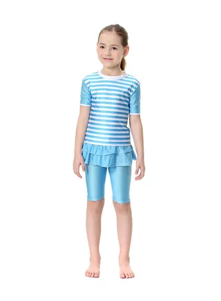 2-Piece Short Sleeve Swimsuit Blue 