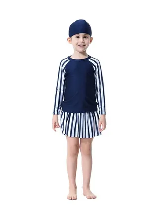 3-Piece Long Sleeve Strip Pattern Burkini Navy Blue/White 