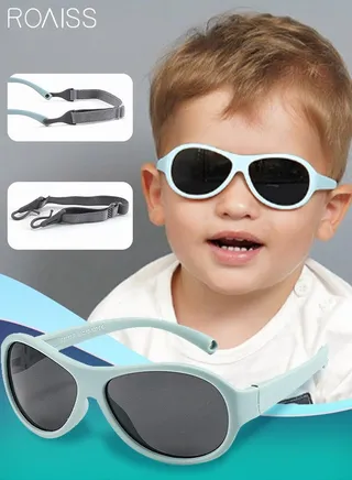 Oval Polarized Sunglasses for babies UV400 Protection Cute Beach Holiday Sun Glasses with Flexible Silicone Frame and Elastic Strap for Boys Girls Age 0-3 Blue 