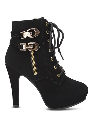 Lace-Up High Heel Booties Black 