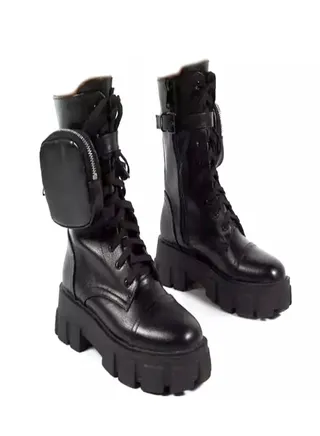 Wide Fit Chunky Pouch Martin Style Combat Ankle Boots Black 