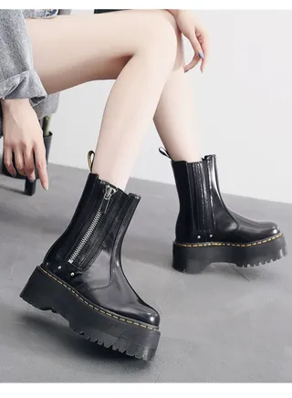 Women's Thick Sole Women's English Leather One Step Chelsea Boots Black 
