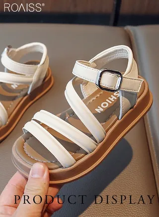 Fashionable And Versatile Pu Leather Sandals For Girls For Daily Commuting Thick-Soled Open-Toe Adjustable Buckle Summer Roman Sandals 