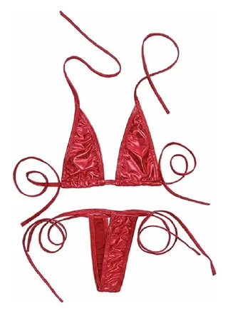 Shiny Faux Leather Non-Padded Halter Triangle Tie Side  Bikini Set 