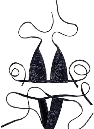 2 Piece Shiny Faux Leather Non-Padded Halter Triangle Tie Side  Bikini Set 