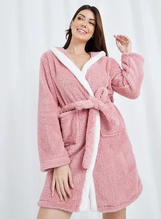 Bunny Ears Detail Fleece Hooded Robe 