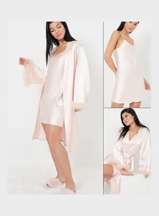 Pack of 2 - Satin Cami and Marabou Trim Sleeves Robe