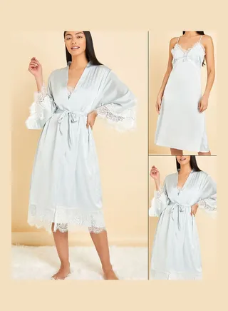 Pack of 2 - Lace Trim Insert Satin Nightie and Robe