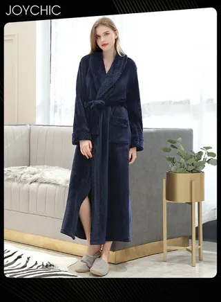 New Style Female Pajamas Autumn and Winter Long-sleeved Nightgown Flannel Thickened Warm Windproof Sleep Robe for Bedroom Home Navy Blue 