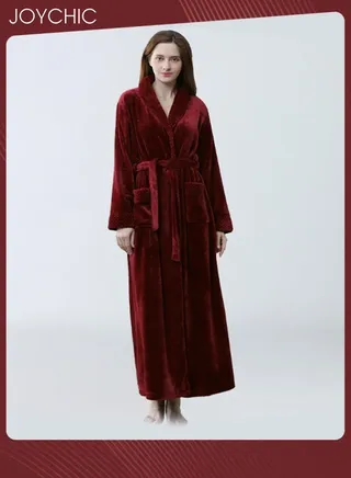 New Style Female Pajamas Autumn and Winter Long-sleeved Nightgown Flannel Thickened Warm Windproof Sleep Robe for Bedroom Home Wine Red 