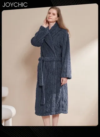 Autumn and Winter Jacquard Coral Velvet Thickened Warm Pajamas for Women Fashion Green Fruit Collar Long-Sleeved Skin-friendly Bedroom Sleep Robe with Pockets Dark Grey 