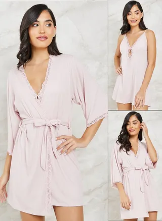Pack of 2 - Rib Viscose Lace Trim Slip Dress & Robe