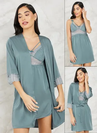 Pack of 2 - Lace Satin Apex Bow Detail Slip Dress & Robe 