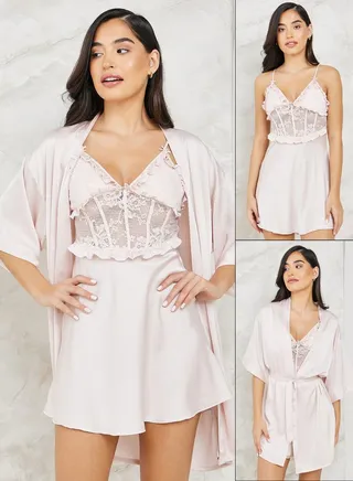 Pack of 2 - Corset Style Lace & Ruffle Satin Slip Dress & Robe