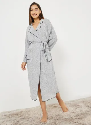 Contrast Piped Ribbed Pocket Detail Robe