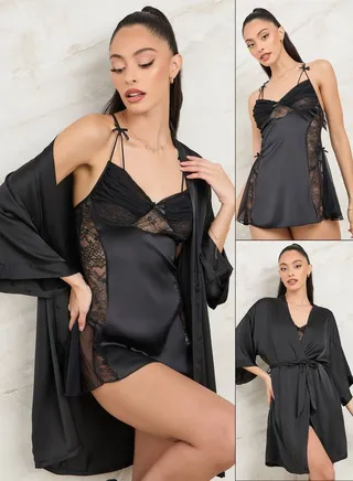 Pack of 2- Double Apex Strap Detail Satin Lace Slipdress & Robe