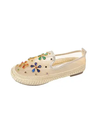 Korean Version Mesh Rhinestone Bean Shoes For Women 2023 New Round Toe Flat Bottom Versatile Fashion Lazy Casual Shoes For Women Half Trailer 