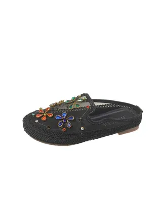Korean Version Mesh Rhinestone Bean Shoes For Women 2023 New Round Toe Flat Bottom Versatile Fashion Lazy Casual Shoes For Women Half Trailer 