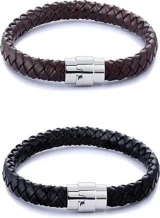 Goolsky  2PCS Stainless Steel Braided Leather Bracelet for Men Women Wrist Cuff Bracelet 7.5-8.5 inches 