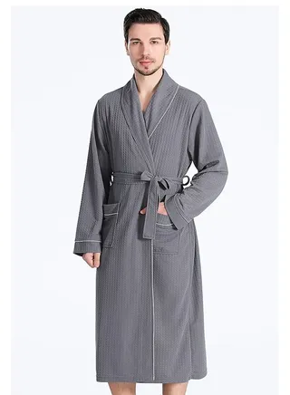 Fashion Cotton Hooded Bathrobe, Hooded Bathrobe with Piping - Lightweight, Long, Super Soft Spa Pajama Robe, Luxurious Bathrobe Waffle Fabric for Bathroom, Bedroom, Indoor and Outdoor 