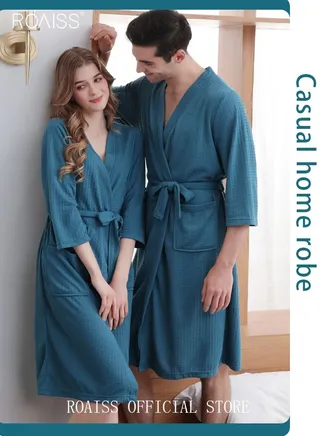 Women and Men Waffle Kimono Bathrobe Cotton Sleepwear Spa Robe Nightwear Nightgown Women Water Bathrobe Bridesmaid Robes Unisex Dressing Gown Autumn Robe 