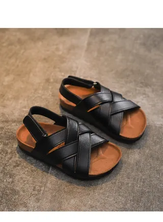 Boys Girls Anti Slide Sandals, Double Buckle Slip on Slide Sandals, Cork Slipper with Adjustable Straps for Little Kid/Big Kid (Black) 