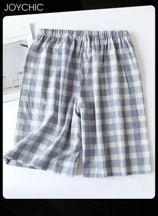 Japanese Style Plaid Pajama Bottom Men's Summer Pure Cotton Sweat-absorbent Loose Double-layer Gauze Home Pants 