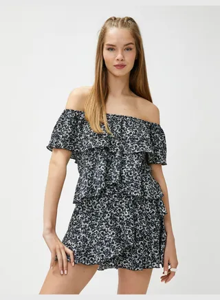 Ruffle Off Shoulder Floral Mini Jumpsuit