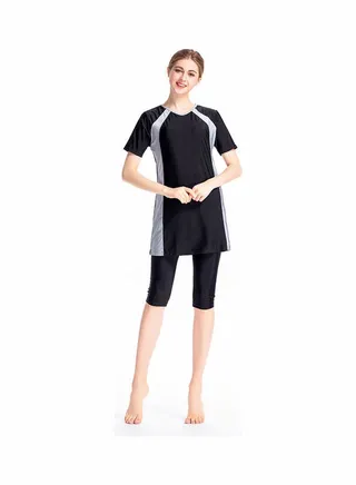 3-Piece Short Sleeve Contrast Swimsuit Set With Cap Black 